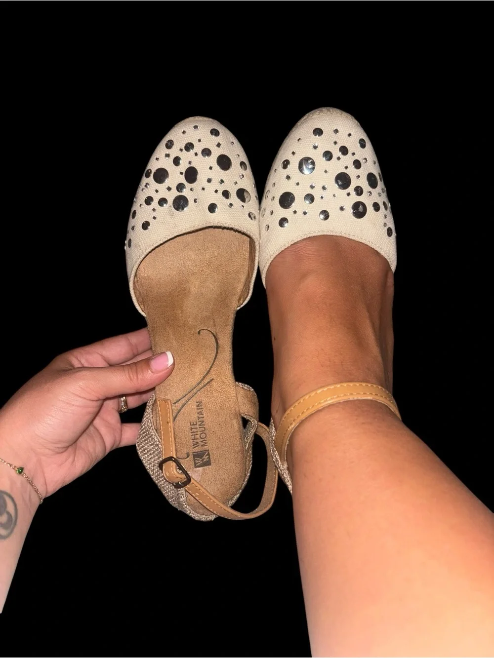 White Mountain Cream Espadrille Wedge Sandals with Rhinestone Accents